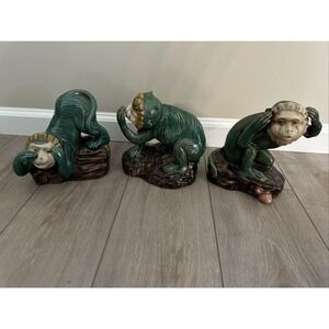 Majolica Monkey‎ 3 Piece Set, Hear/See/Speak No Evil, MCM, Vintage NO CHIPS